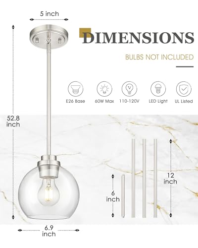 Image of Pendant Lights Kitchen Island 2 Pack, 7 inch Modern Brushed Nickel Hanging Lights Fixtures with Clear Glass Globe Shade, Kitchen Island Lighting for Bathroom, AD-22280-1P2-SN-C