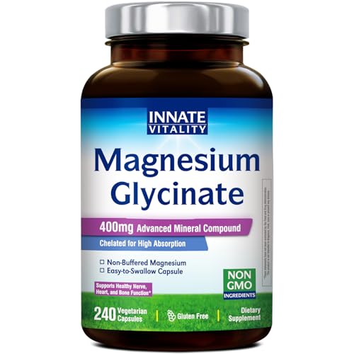 Innate Vitality Magnesium Glycinate 400mg, Non Buffered & High Absorption Magnesium Supplement for Sleep, Relaxation, Heart & Bone Health for Men & Women, Non-GMO, No Gluten, 240 Vegan Capsules