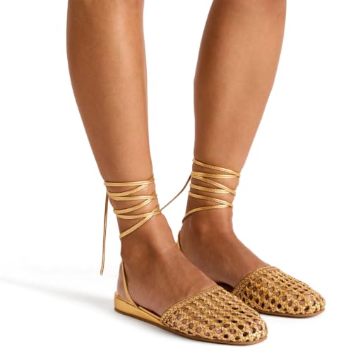 Image of Woven Ballet Flats for Women Lace Up Closed Square Toe Summer Sandals Dressy Shoes
