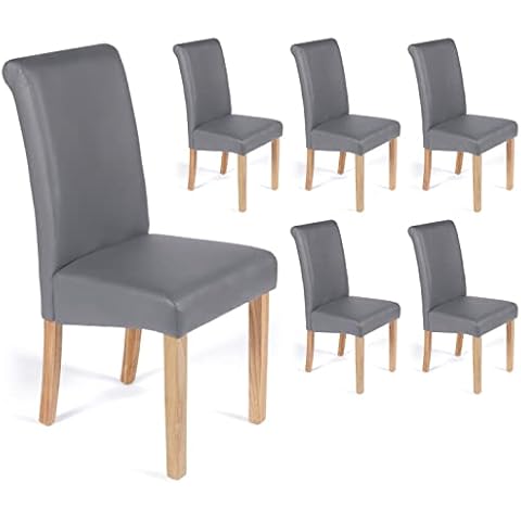 Your Price Furniture.com 6 York Dining Chairs Grey Faux Leather Scroll Top With Padded Seat & Oak Finish Legs Cover