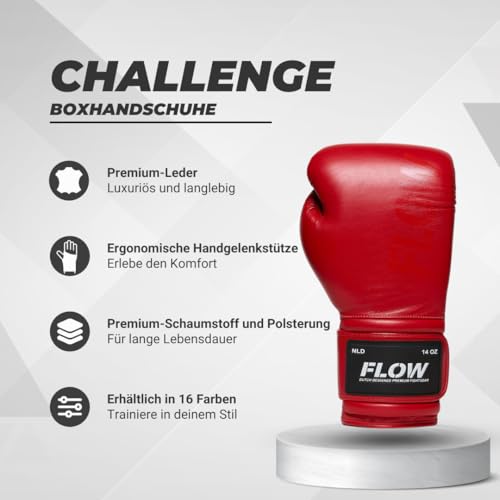 Flow Challenge Boxhandschuhe aus echtem Leder, Sparring und Training, Muay Thai, Kickboxen, MMA, Kampfsport, Herren und Damen - Rot - 12oz