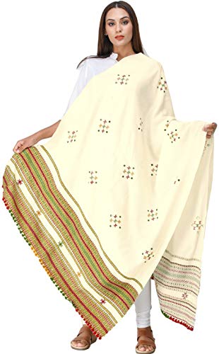 Image of Exotic India Women's Kutch Wool Shawl (SHV95--beige)
