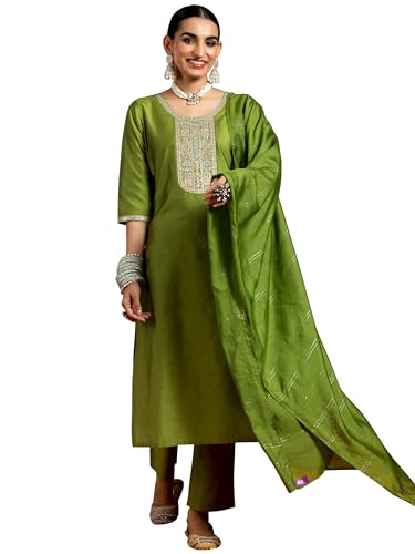 Image of Libas Gerua Womens Yoke Design Silk Blend Straight Kurta With Trousers and Dupatta | daily wear suit