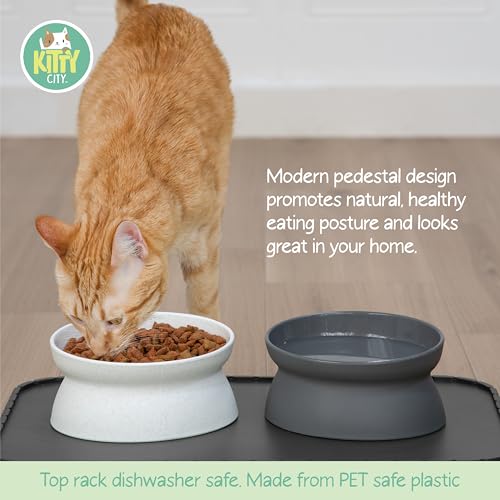 Image of Kitty City Elevated Cat Bowls (Set of 2), Whisker-Friendly Raised Cat Food & Water Dishes, Modern Pedestal Design, Dishwasher Safe, 10.8 oz Each - White & Gray