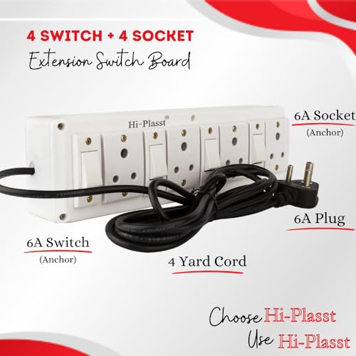 Image of Hi-Plasst 4+4 Pin Extension Board with 4 Switches & 4 Sockets, 6A, 4-Yard Long Cord - Wall-Mountable Power Hub for Home, Office, Diwali Lights, Christmas Decor & Kitchen Appliances