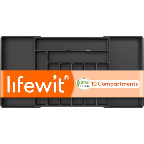 Lifewit Expandable Cutlery Drawer Organiser, Adjustable Cutlery Tray, 10 Compartments, Utensil Holder for Forks, Spoons, Knives, Plastic Kitchen Organiser and Storage, 51-92x42 cm, Black