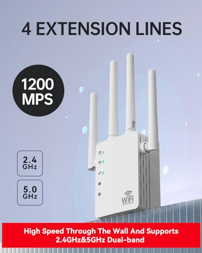 Image of WiFi Signal Booster with 4 Directional Antennas - 1200Mbps Dual Band (5GHz /2.4GHz),WiFi Extender Covers 13,888 Sq.ft, Easy Home Setup and 150-Device Support