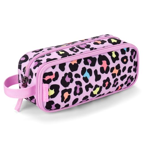 Image of Choco Mocha Girls Pencil Case for Kids, Soft Large Zipper Pencil Pouch for Kids with 2 Compartments Girls Pencil Case for School Leopard Pencil Bag, Cheetah Pink