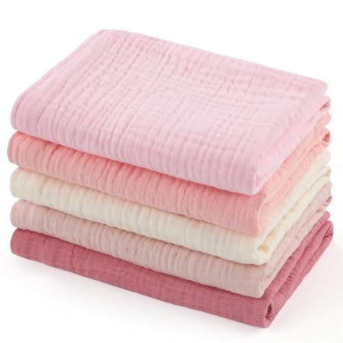 Image of MUKIN Baby Washcloths,Muslin Burp Cloths Towels for Newborns,Absorbent Cotton Bath Face Towel ,5 Pack, 12x12 Inches (Rosy Embrace)