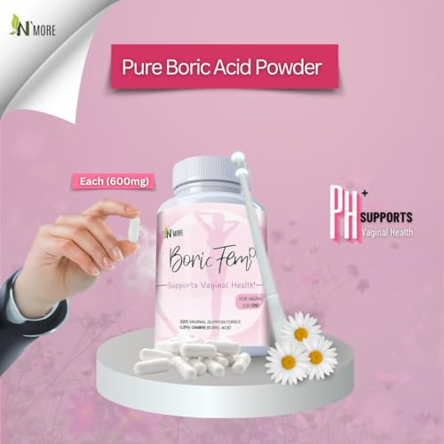 Image of N'More Boric Acid Suppositories for Women with Applicator - 100% Pure Boric Acid Suppositories 600mg | Boricfem Vaginal Suppository for pH Balance & Odor Relief, Made in USA (30 Count)