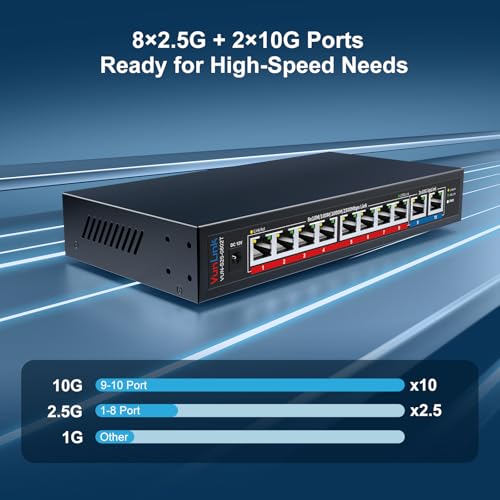 Image of 10Gb Ethernet Switch with 8 x 2.5GbE RJ45 + 2 x 10GbE RJ45 Ports, VunLink 10 Port Unmanaged 2.5G /10G Multi-Gigabit Network Switch, Plug & Play, Desktop /Wall-Mount, Ideal for NAS, Gaming, Home Office