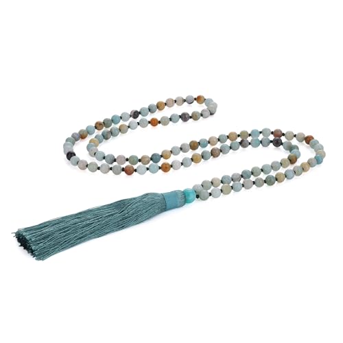 COAI unisex handknuten 108 Mala Amazonit buddhistiskt halsband bönkedja, Rostfritt stål, Amazonit