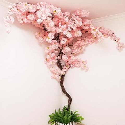 Quepiem Artificial Cherry Blossom Trees - Fake Flower Background Walls with Simulated Peach Branch and Rattan Design - for Indoor Ceiling Air Conditioning Pipe Ornamental(Pink) Cover