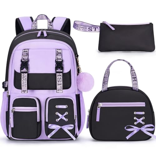 Fimibuke Backpack for Girls, 3 PCS Waterproof Girls Backpack with Lunch Box & Pencil Case, Kid Backpacks for Teen Girl Kindergarten Elementary Middle High School Student Back to School Kid Bookbag Set