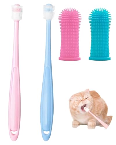 Thapncow 4 Stück Hunde, Katzen Zahnbürste, 360 Grad Katzen Weich, Langgriff Katzenzahnbürste für, Zahnbürste für Kleine Hund & Katze, Fingerling Wiederverwendbar