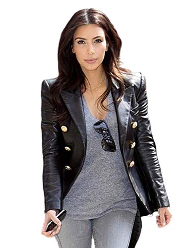Womens Kim Kardashian Black Double Breasted Slim Fit Real Leather Jacket Blazer (L)3