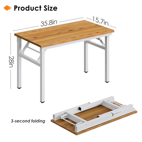 Image of Need 35.8 Inch Folding Desk for Small Spaces, Home Office Computer Desk with Teak Wood Top & White Frame, Foldable Writing Table for Study, Bedroom, Dorm Room & Student