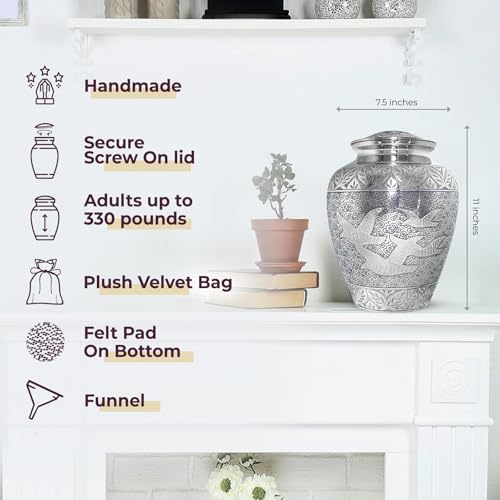 Image of Trupoint Memorials Extra Large Urn for Ashes Adult Male or Female Up to 330 lbs - Cremation Urns for Human Ashes, Funeral Memorial Urns for Men & Women - Silver Birds