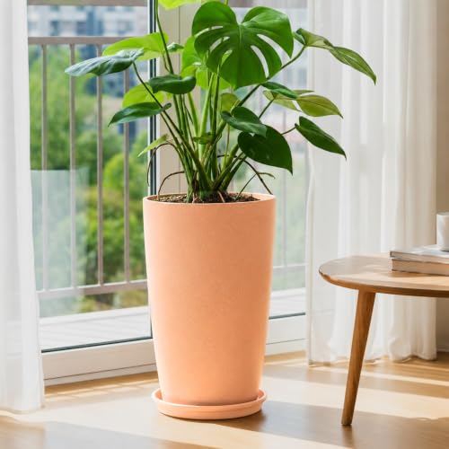 Kraft Seeds 18 Inch Beige Flower Pot with Plate, Indoor Outdoor Polymer Planters for Home Decor, Tall Elegant UV Resistant Non Fade Plant Pot for Garden, Office, Balcony