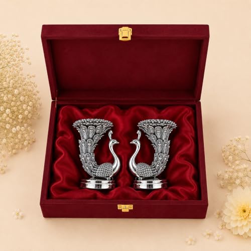 Image of Diviniti 999 Silver Plated Peacock Pair Tealight Holder|Antique Silver Finish|Premium Gift Box Included | Elegant Peacock Diya Stand|Luxury Home Decor Centerpiece|Housewarming, Festive Gift|9.5 x 8 cm