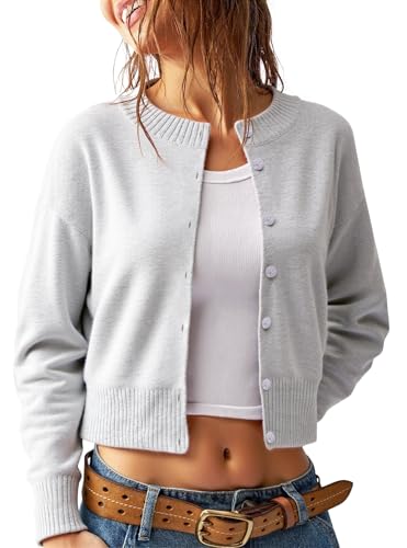 Women's Cropped Knit Cardigan Sweater – Button Down Long Sleeve Slim Fit Gray Fall Layering Top4