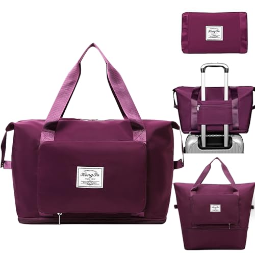 INVODA Travel Bag for Women Expandable Weekender Overnight Bag Carry on Sports Tote Gym Bag Waterproof Foldable Duffel Bag (Fuchsia)
