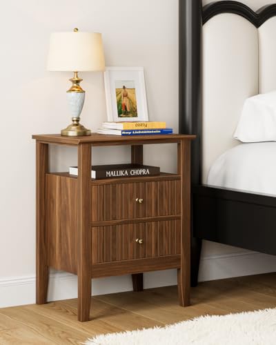 HEYZOEY Nachttisch, Retro Nachtschrank mit 2 Schubladen, Massivholz Nachttisch, Boho Nachtkommode für Schlafzimmer, Wohnzimmer, Château-Nussbaum