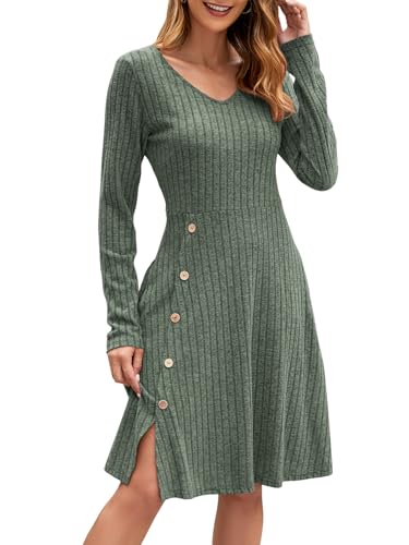 Adigaber Vestido para Mujer Vestidos Midi con Cuello en V de Manga Larga con Botones y Bolsillos