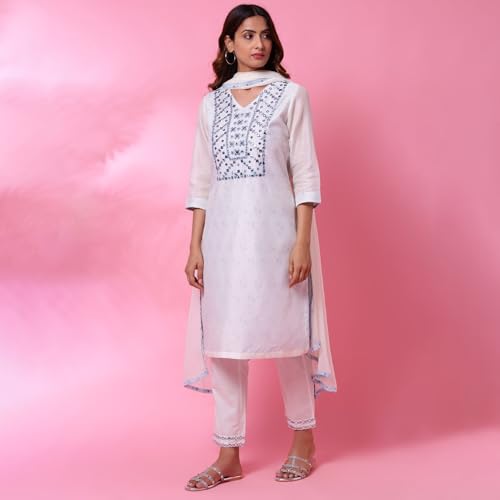 Image of BIBA WOMEN EMBROIDERY NARROW SALWAR KURTA DUPATTA(SKD7402E OFF WHITE 42)
