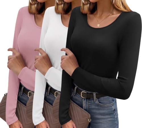 Ekouaer Langarmshirt Damen Basic Thermo Oberteil | 3er-Set Thermoshirt Damen Langarm,Dehnbares Longsleeve Shirt im Slim Fit,Weicher Atmungsaktiver Baselayer für Herbst & Winter