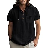 T-Shirt Herren Kurzarm Leinenbluse mit Kapuze Einfarbig Leinen Oberteile...