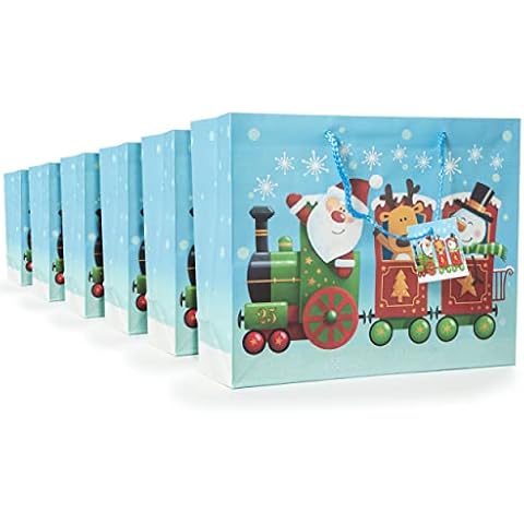 6 x Glitter Christmas Bags - Santa's Train Themed Christmas Bags for Children and Adults Christmas Bags Multipack for Presents and Parties Cover
