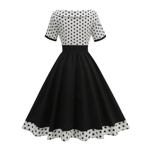 Image of Women's Boat Neck Polka Dot Cocktail Midi Dress Vintage Retro 1950s Style Swing Tea Length Wedding Guest Party Dresses