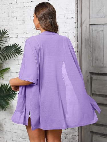 Image of AusLook Plus Size Cardigan for Women Short Sleeve Lightweight Open Front Shrug with Pockets for Dresses and Layering 1X-5X