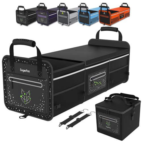 SugarFox Kofferraum-Organizer, 95 l (88,9 x 35,1 x 30 cm), 26 l Eisbeutel im Lieferumfang enthalten, fluoreszierendes Sternbild, wasserdicht, faltbar mit verstellbaren Riemen, für SUVs/Autos, Schwarz