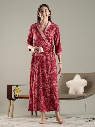 Image of 9shines Label Stylish Cotton Nighty Robe for Women | Front Open Floral Housecoat | Wrap Nighty with Pocket | Adjustable Waist Tie | Plus Size housecoat (HC-2026)