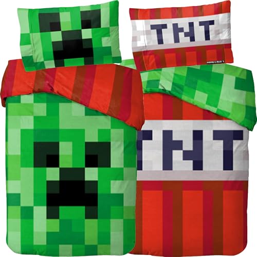 Minecraft Wende-Bettwäsche Creeper TNT 135 x 200 cm + 80 x 80 cm 100% Baumwolle Renforcé-Linon-Qualität Kinderbettwäsche Crafting Zombie Enderman Enderdrache Skelett 2 Motive Reißverschluss