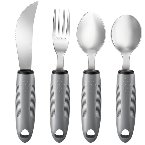 AuntyFey 4PCS Weighted Adaptive Utensils Parkinsons Utensils for Hand Tremors Elderly 3.5oz Weighted Utensils for Tremors and Parkinsons Patients Disabled (Gray Straight)