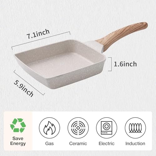 Image of Breakfast Pan Non Stick Egg Fry Pan Rectangular | Sandwich Frying Pans | Mini Frying Pan | Induction & Gas Compatible | Easy Clean | Wooden Grip Handle | Tamagoyaki Japanese Omelette Pan