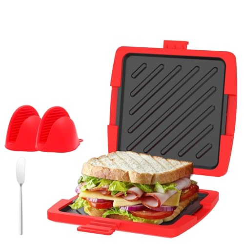 Sandwichmaker mit Antihaftbeschichtung Sandwichtoaster Klein Mikrowellengeeignet Panini Maker mit Buttermesser Handklemme für Sandwiches Mini Pizzen Grillwürstchen Omeletts (Roter Strampler)