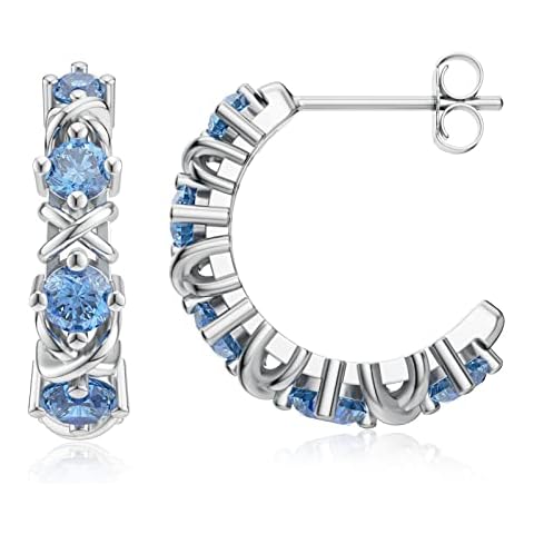 LANBEIDE Silver Hoop Earrings for Women,925 Sterling Silver Open Half Huggie Earrings with Blue Tanzanite Cubic Zirconia, Diameter 20mm Cover