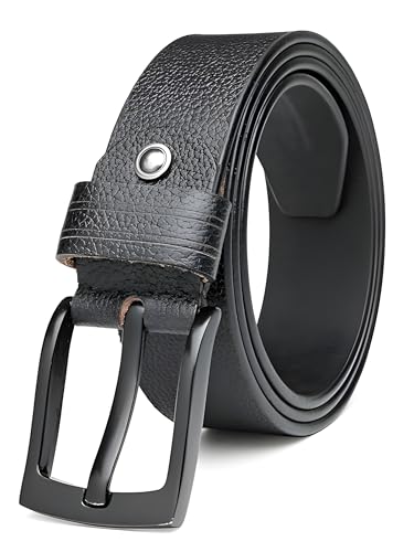 Image of MISTERCRAFT Men's Genuine Leather Casual Belt |Black Handed Milled Textured | Durable Pin Buckle | Adjustable Waist | Ideal for Jeans, Chinos & Formal Wear | Gift for Men