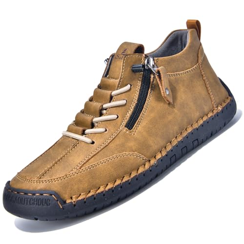 Image of Mens Casual Leather Shoes Ankle Chukka Boots Mid top Handmade Side Zipper Slip On Loafers Lightweight Walking Driving Shoes (Brown,12)