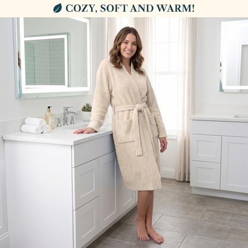 Image of PAVILIA Premium Plush Robe for Women, Soft Cozy Fuzzy Bathrobe with Pockets, Warm Mid-Length Lounge Robe with Tie Belt