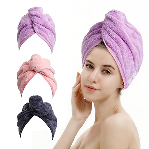 3 Pack Microfiber Hair Towel,Hair Towel Wrap,Super Absorbent and Lightweight Hair Turban,Hair Drying Towel for Women to Dry Hair Faster(Dark Gray& Purple& Pink)