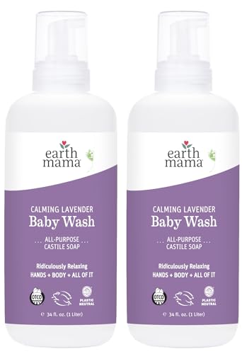 Image of Earth Mama Calming Lavender Baby Wash Liquid Foaming Hand Soap Refill, Organic All-Purpose Lavender Body Wash for Sensitive Skin, Castile Soap Coconut Oil, Shea Butter, Calendula, & Aloe, 34Fl Oz 2PK