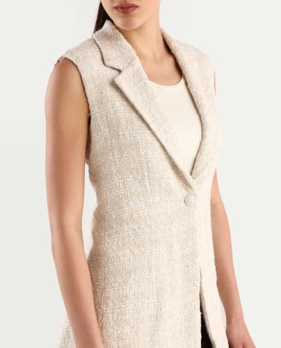 Image of Rareism Fitted Solid Beige Polyester Blend Sleeveless Lapel Coat