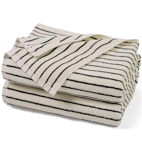 Jacquotha Lot de 2 Serviettes de Bain à Rayures Noires et Blanches, Grandes Serviettes à séchage Rapide, 69,8 x 139,7 cm, Style Rustique pour Salle de Bain,...