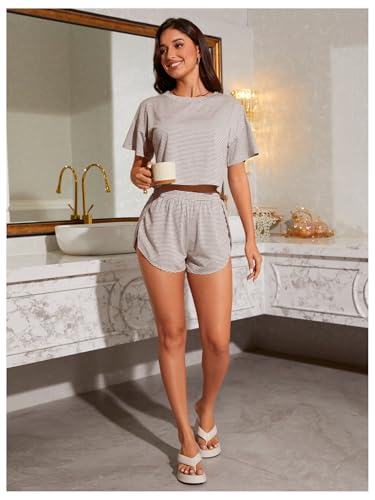 Image of OYOANGLE 2 Pack Pajama for Woman Set Summer Cute PJ Sets Striped Short Sleeve Tshirt and Split Shorts Lounge Set