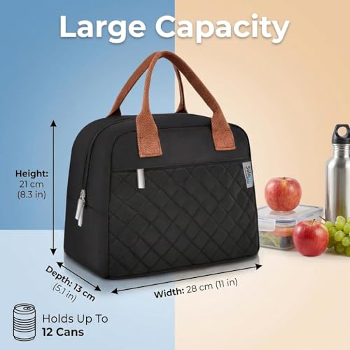 Image of SaleOn 7.5 LTR Thermal Insulated Lunch Bag for Women & Girls | Stylish Tiffin Bag | Big Size Food Carrier Tote for Office, College, School | Black Travel Lunch Box Pouch with Handle (Black)